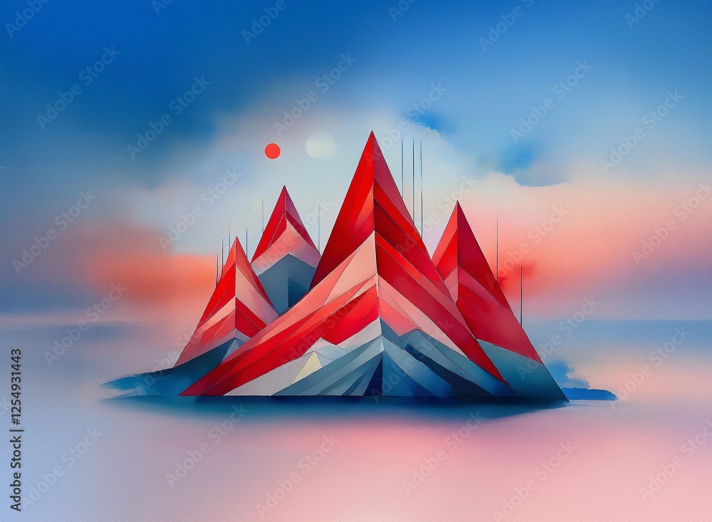Poster geometric red and blue mountains are set against a blurred sky background with suns or moons. abstra