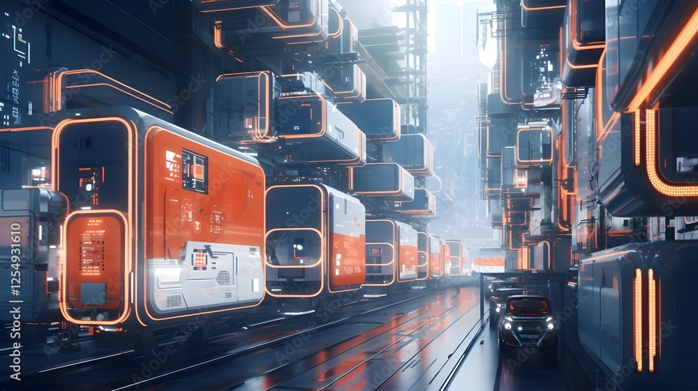 Poster innovative futuristic autonomous logistics system featuring smart self moving cargo containers for e