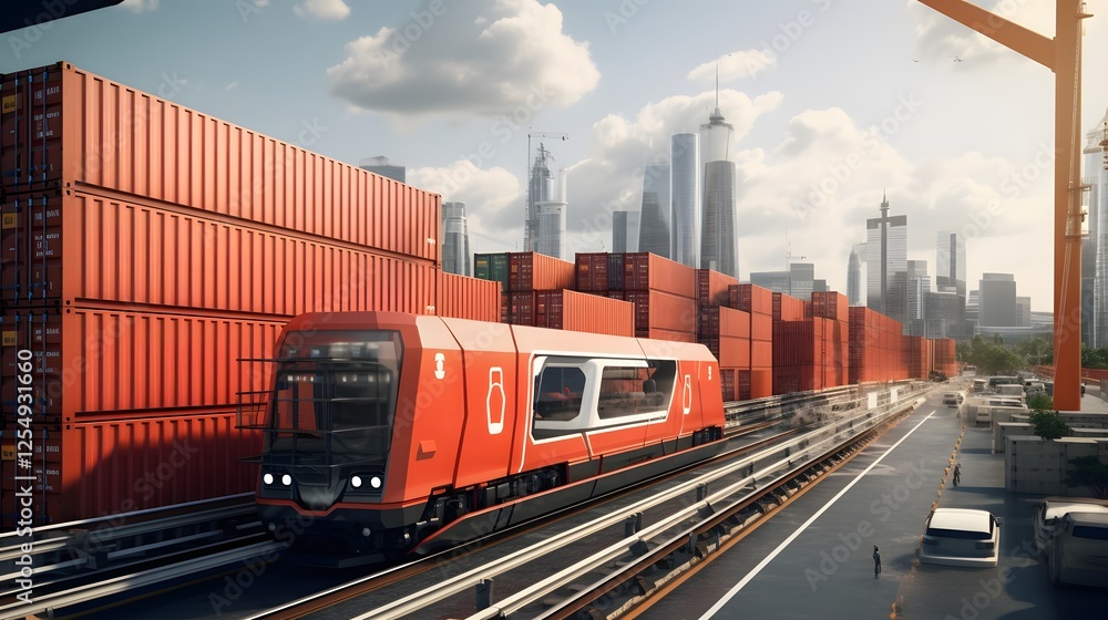 Poster innovative futuristic autonomous cargo container logistics system featuring smart self moving contai