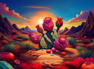 Colorful desert landscape with blooming cacti against a vibrant sunset background. Mountains and colorful clouds fill the artistic sky.