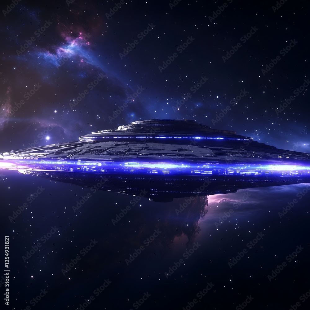 Poster cosmic spaceship odyssey navigating through a starry nebula beyond comprehension and imagination