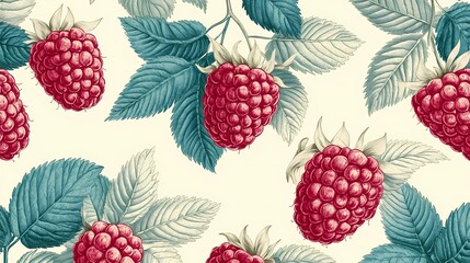 Raspberry illustration for culinary use, perfect for packaging or recipe design, showing vibrant, fresh berries in detailed, artistic style, book illustration.