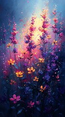 Obraz premium Dreamy abstract flower field with blurred petals in soft pastel shades of pink yellow and lilac against a glowing sky