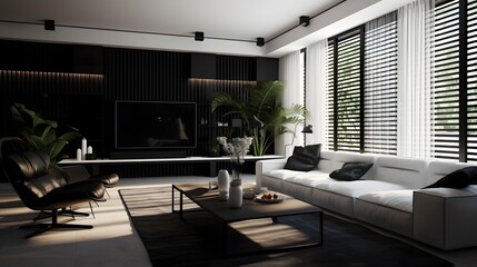 Fototapeta premium A high contrast minimalist black and white living room with dramatic lighting showcasing a clean sophisticated design with geometric shapes and sleek contemporary furnishings