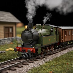 Fototapeta premium Vintage Green Steam Train on Tracks with Smoke and Building