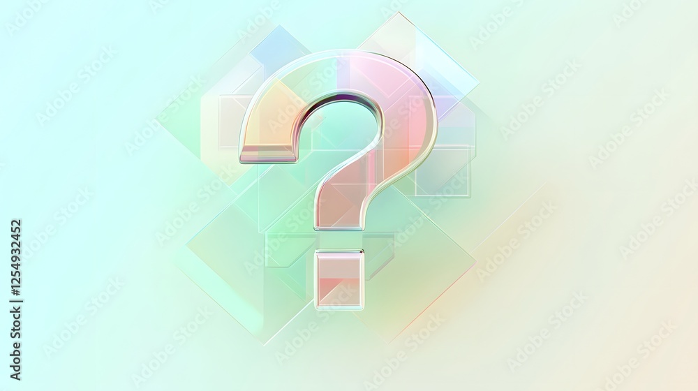 Poster iridescent question mark with transparent squares floating in space
