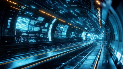 Futuristic public transport system with high-speed trains and digital information displays
