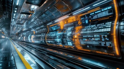 Fototapeta premium Futuristic public transport system with high-speed trains and digital information displays