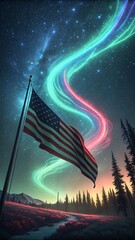 Radiant Ribbon-Like Auroras Dance Across the Starry Night Sky, Forming the Flowing Stripes of the American Flag in Glowing Colors