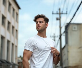 Obraz premium A Young Man Male Model Confident Pose Outdoor Plain White T-shirt, urban background