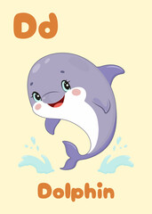 Cartoon dolphin on educational flash card with letter D. ABC card for kids . Perfect for early learning and alphabet recognition activities. Vector illustration.