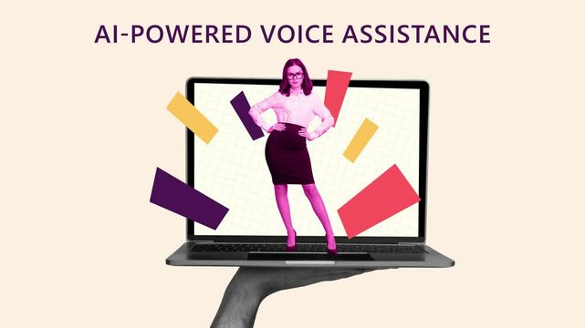 Creative art motion collage video of businesswoman stand laptop keypad artificial intelligence helper voice bot app