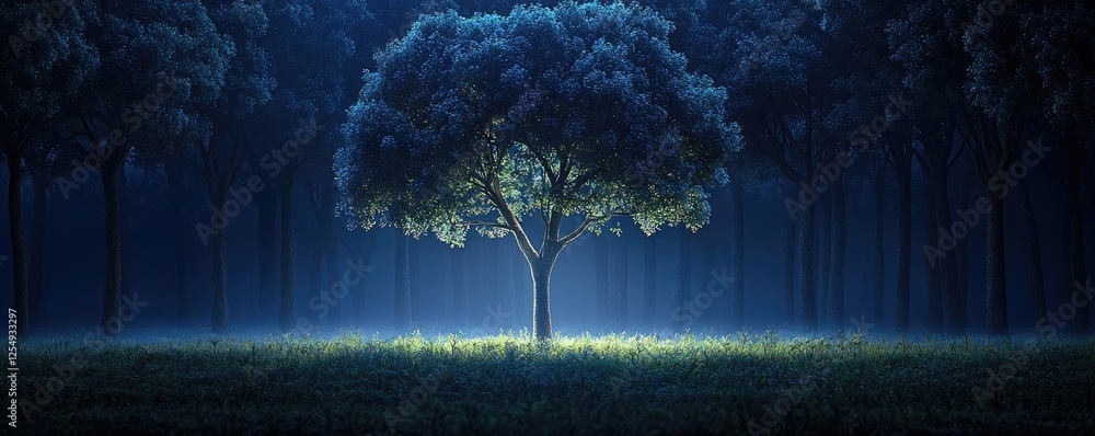 Poster glow forest idea. a beautiful solitary tree illuminated by soft light in a serene forest setting at 