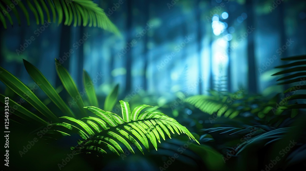 Poster glow forest idea. lush green ferns illuminated by soft light in a tranquil forest setting.
