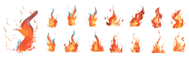 Obraz premium Fire flame shapes set, vector 3d illustrations, isolate png, flame design, heat energy, transparent background, dynamic flame illustrations, fire visual elements, fiery shapes