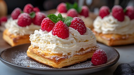 Delicious Raspberry Tarts with Whipped Cream Garnished with Powdered Sugar and Mint Leaves