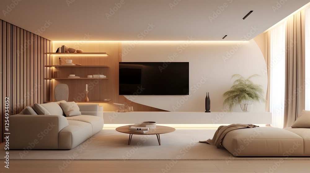 Aufkleber cozy and inviting minimalist living room with soft neutral color palette and subtle ambient lighting