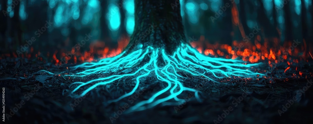 Poster glow forest idea. a vibrant tree root illuminated with blue lights in a mystical forest setting.