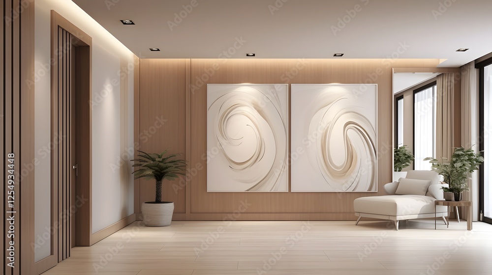 Poster sleek and sophisticated minimalist hallway design featuring recessed lighting and modern abstract ar