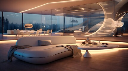 Serene and sophisticated minimalist living space with futuristic furnishings soft ambient lighting and a clean uncluttered design aesthetic