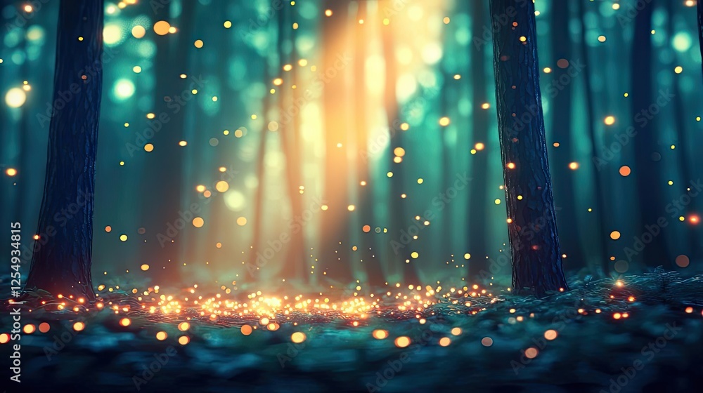 Poster glow forest idea. a mystical forest illuminated by soft light and shimmering particles, enchanting n