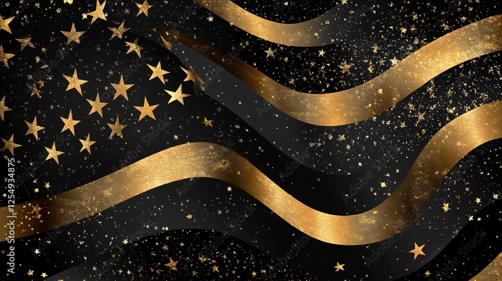 Poster elegant abstract design featuring gold waves and stars on a dark background, creating a festive and 
