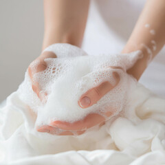 Hands washing soft white fabric with soap and foam.