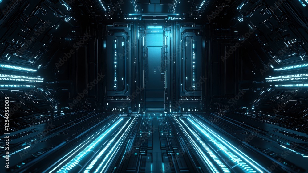 Poster futuristic corridor illuminated with glowing blue lights in a high-tech environment at an unknown lo