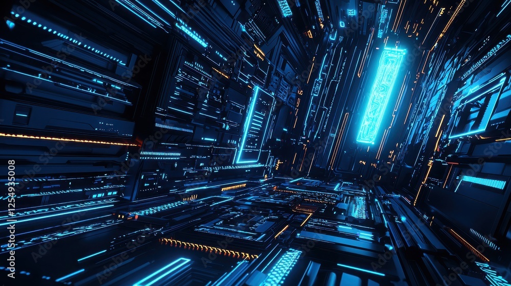 Fototapete High-tech digital tunnel illuminated by blue and orange lights in a futuristic setting showcasing advanced technology and intricate circuitry patterns