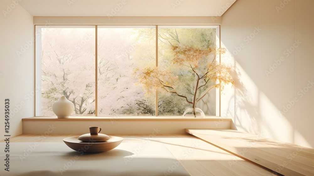 Poster serene and tranquil minimalist meditation space bathed in soft natural lighting creating a calming a