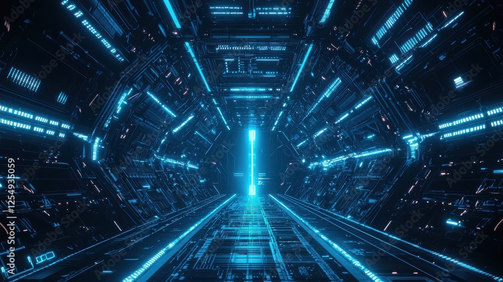 Poster futuristic corridor with glowing blue lights showcasing high-tech design and intricate patterns in a