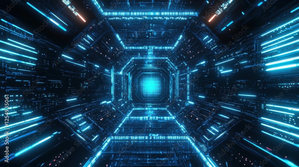 Poster high-tech corridor with glowing blue lights and futuristic design creates a dynamic sense of movemen
