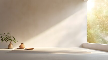 A tranquil and inviting minimalist meditation space flooded with soft natural lighting creating a calming and rejuvenating atmosphere for mindfulness relaxation and self care