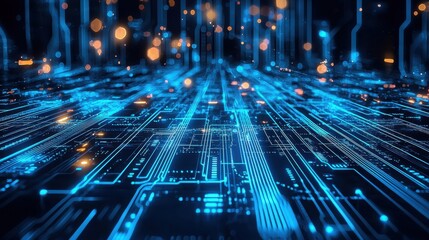 Digital landscape showcasing intricate circuit board patterns illuminated by glowing blue lights at night