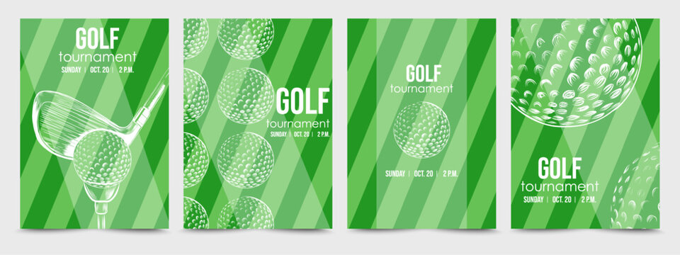 Golf posters with golf ball. Sport background for Golf tournament advertising. Cover for Sport event announcement. Vector illustration.