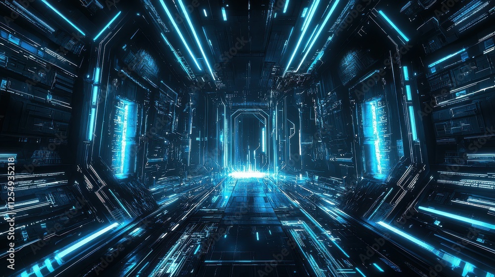 Poster futuristic corridor illuminated by blue neon lights with intricate patterns showing advanced technol