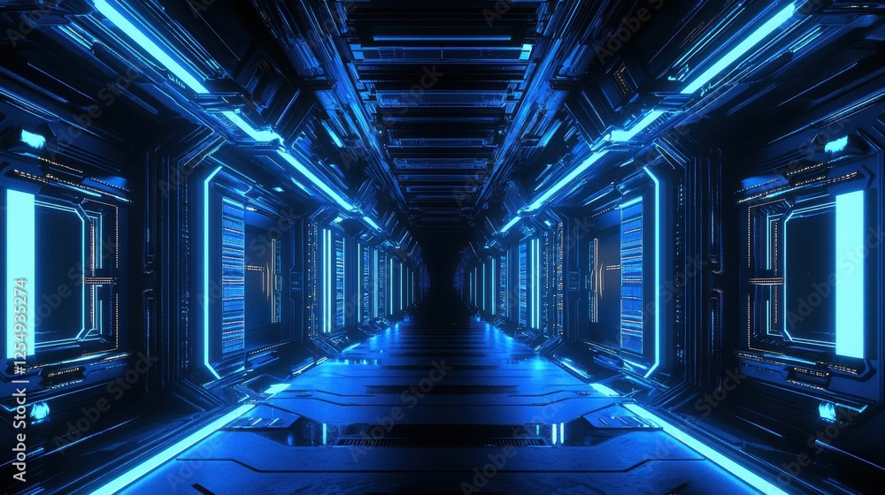 Poster futuristic corridor illuminated with blue lights in a sci-fi setting showcasing advanced technology 