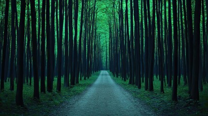 Fototapeta premium Glow forest idea. A serene path through a lush green forest, surrounded by tall, vibrant trees.