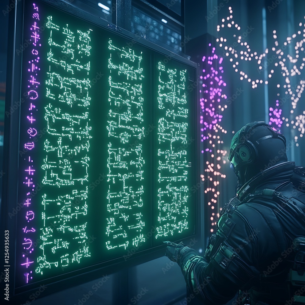 Poster cybernetic figure inspecting encrypted display with glowing symbols in futuristic setting