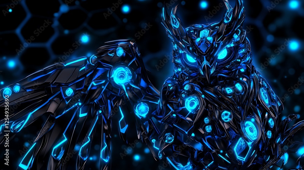 Aufkleber cybernetic guardian owl shining in neon light with hexagonal and circular patterns abstraction