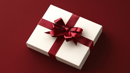 A beautifully wrapped white gift box with a red satin ribbon, set against a rich burgundy background.