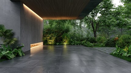 Modern house entrance, lush garden, rain, evening lighting, architecture design