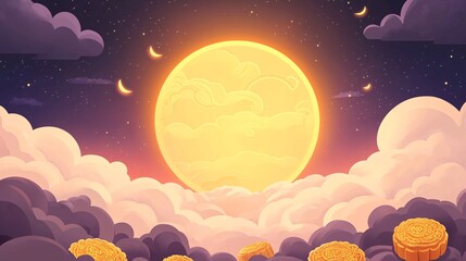 A vibrant illustration of a large golden sun rising above fluffy clouds, with moon phases in a dreamy nighttime sky.