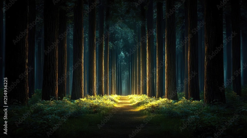 Poster glow forest idea. a tranquil forest pathway illuminated by soft sunlight filtering through trees.