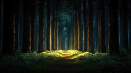 Fototapeta premium Glow forest idea. A tranquil forest pathway illuminated by soft sunlight filtering through trees.
