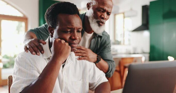 Man, father and laptop for bad news in home, online and support son with college rejection email. Black family, parent and comfort for university fail, depression and embrace for kindness or empathy