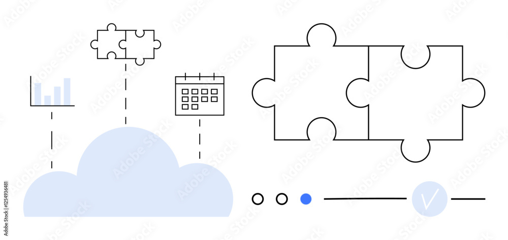 Poster cloud with data chart, calendar, and puzzle pieces connected. ideal for teamwork, data integration, 