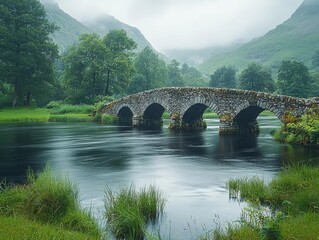 Serene River Flowing Through a Misty Valley with Graceful Ancient Stone Bridges