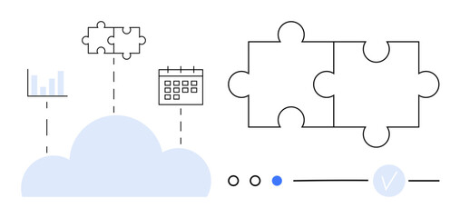 Cloud with data chart, calendar, and puzzle pieces connected. Ideal for teamwork, data integration, task management, productivity, project planning cloud computing and collaborative tools. Line
