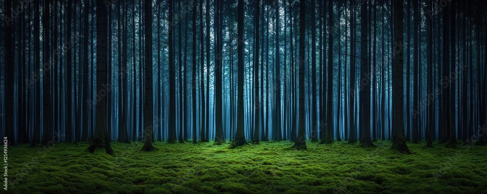 Poster glow forest idea. a serene forest with tall trees and soft green moss under a beautiful dim light.